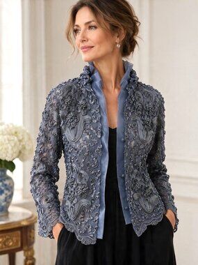 Vintage Thai Silk Floral Lace Jacket Slate Blue Ruffle Collar (M)